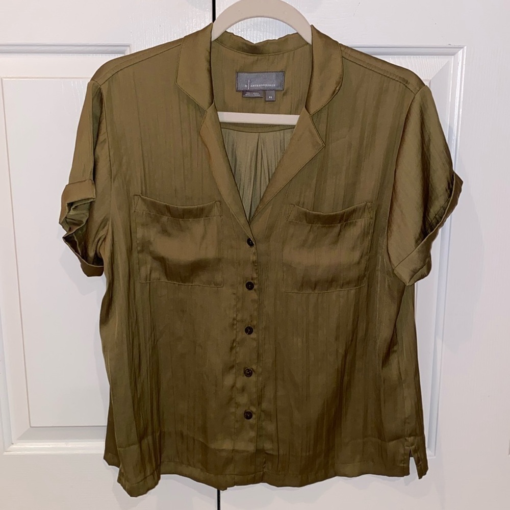 Anthropologie Olive Green Button-down, Short-sleeve Blouse. Sz XS. NEW